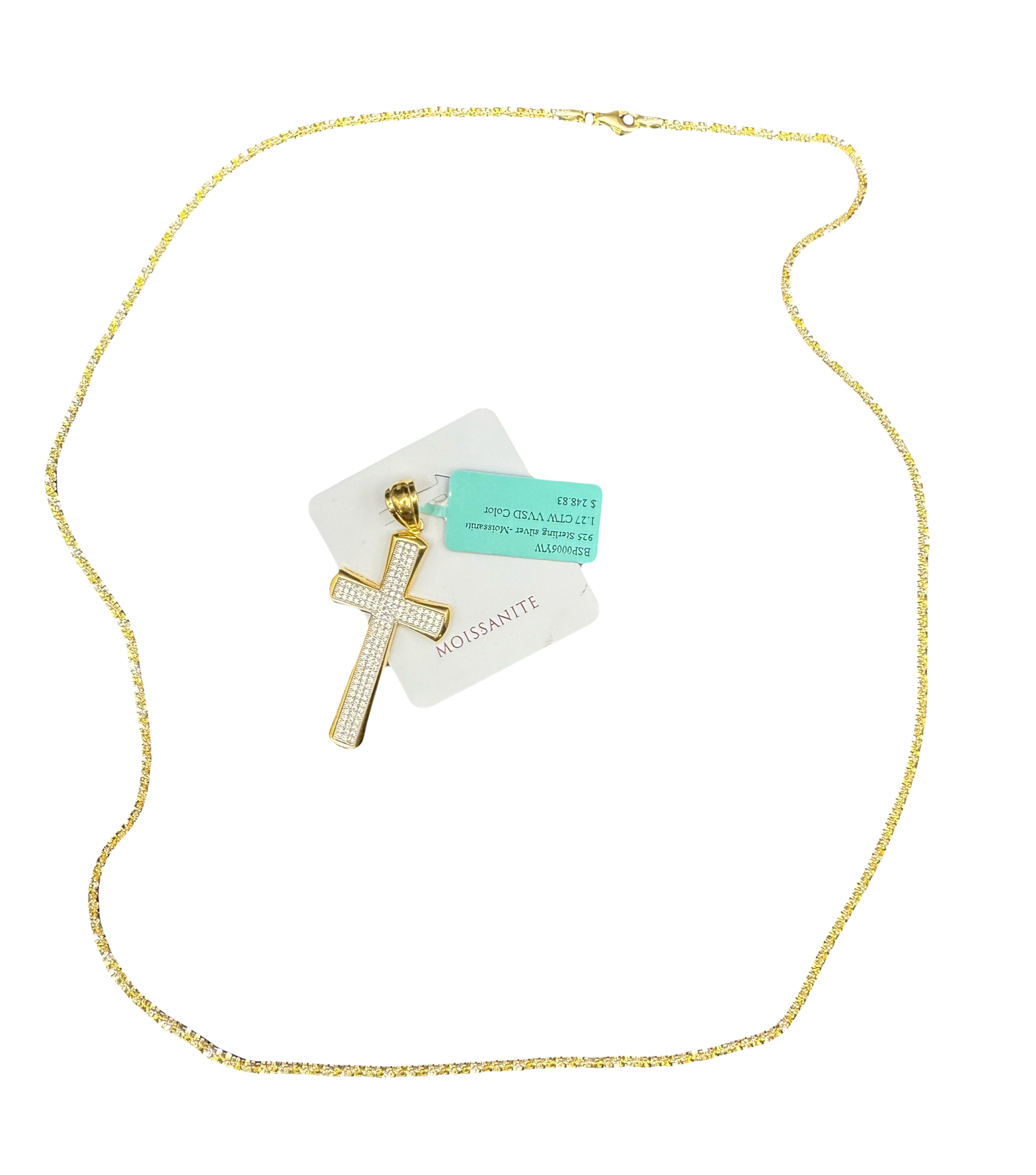 24” Two Tone Twisted Rock + Moissanite Cross Necklace and Pendant