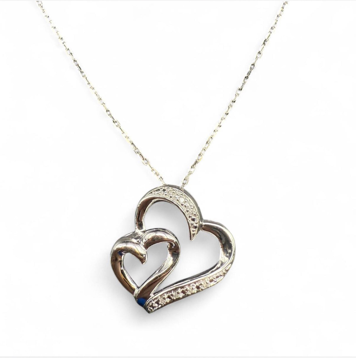 18” Sterling Silver Double Heart Diamond Necklace