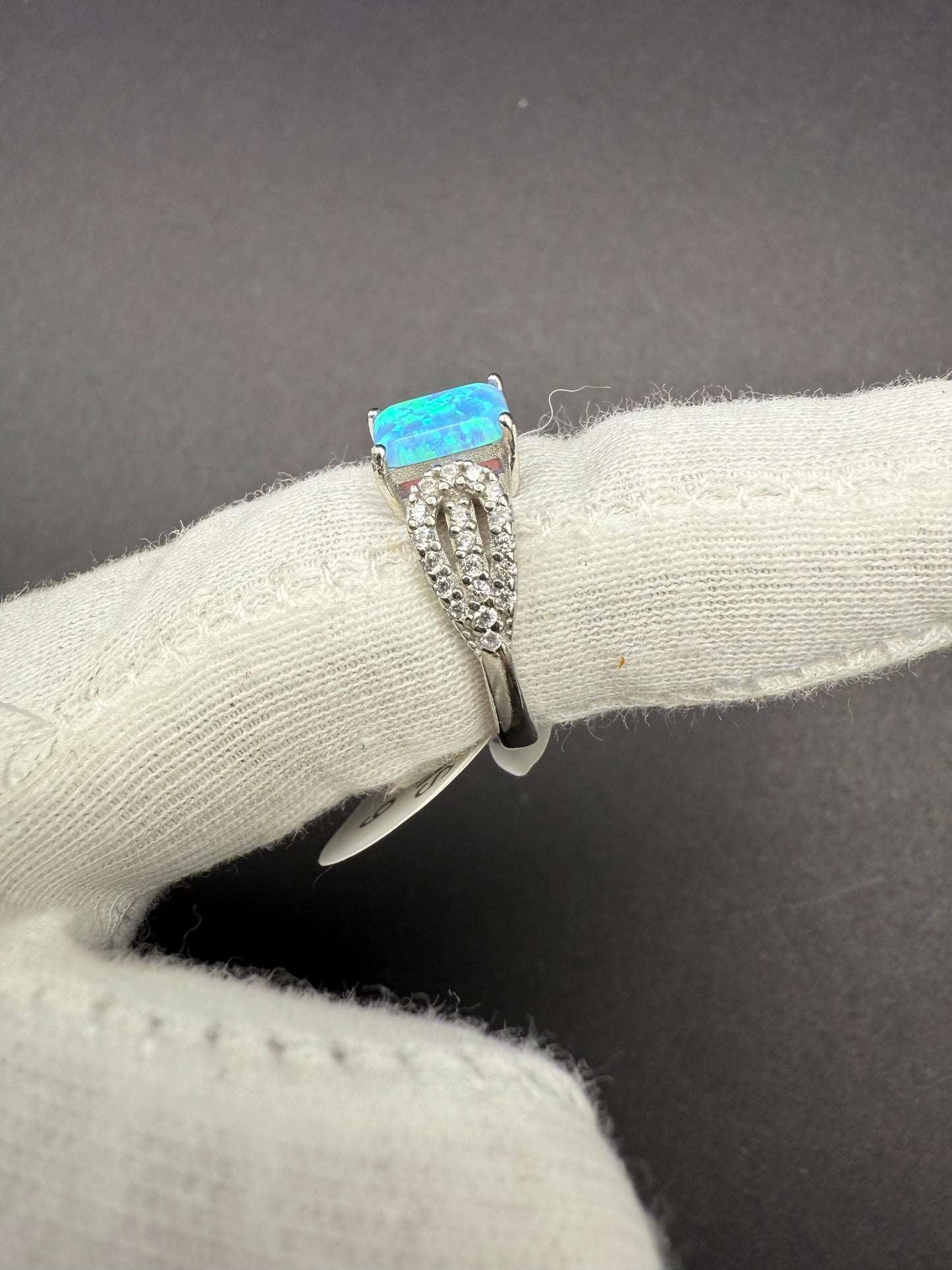 Size 6 Blue Opal + CZ Sterling Silver Ring