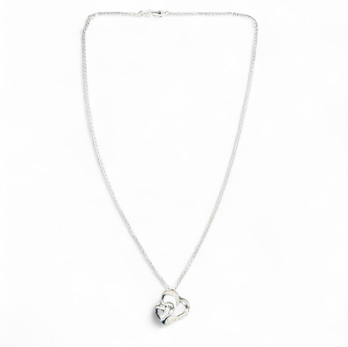 18” Sterling Silver Double Heart Diamond Necklace