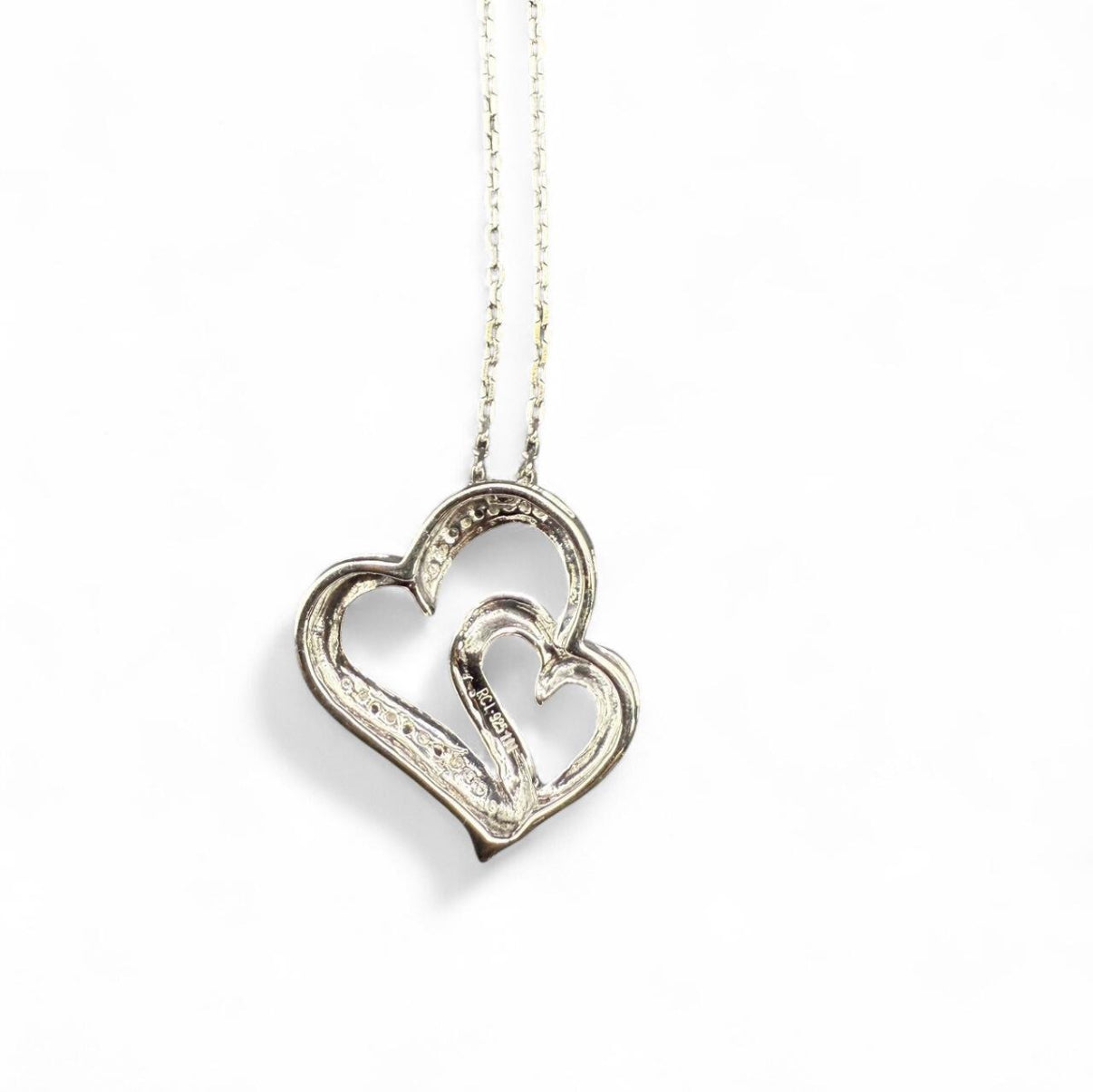 18” Sterling Silver Double Heart Diamond Necklace