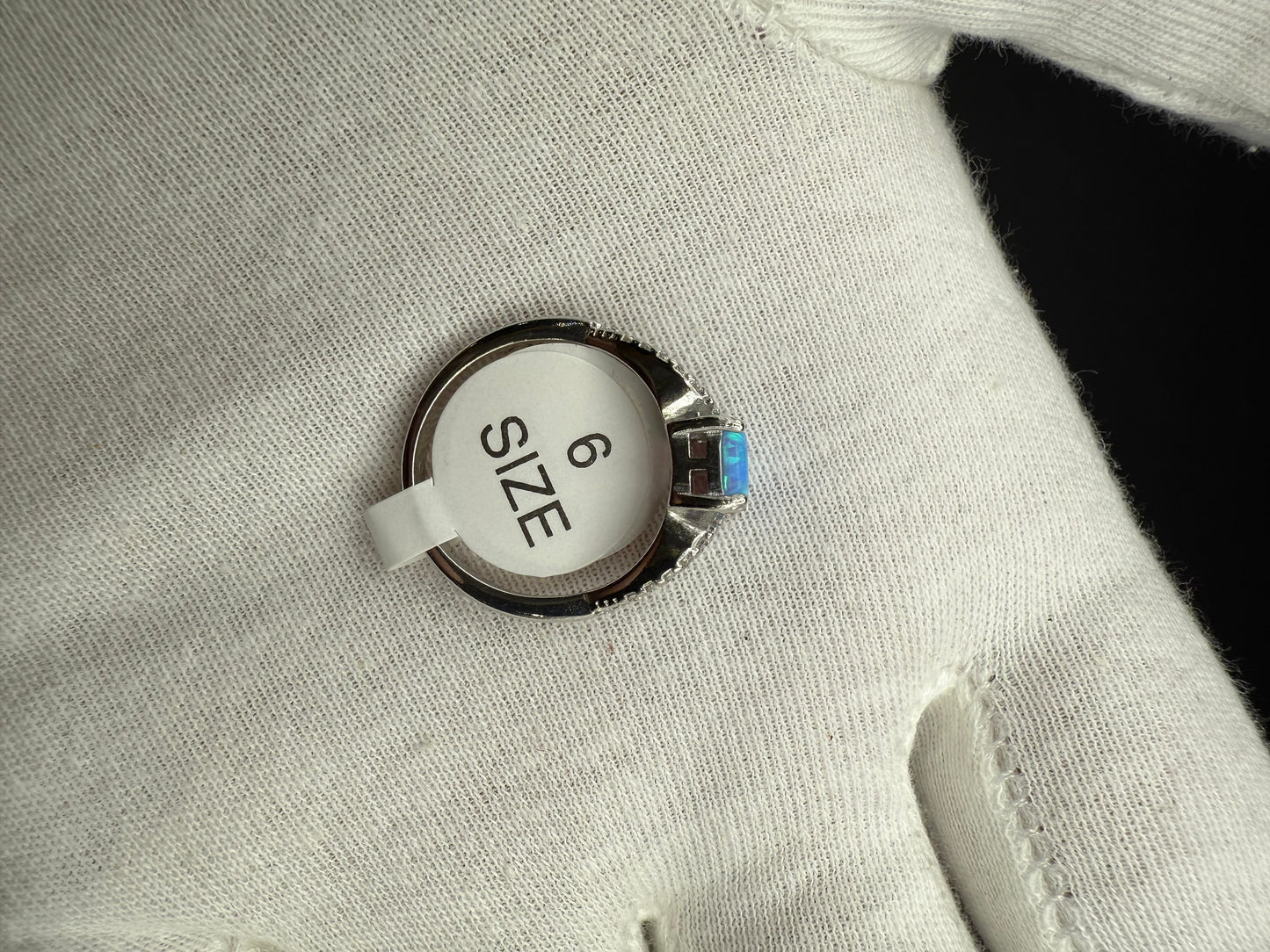 Size 6 Blue Opal + CZ Sterling Silver Ring