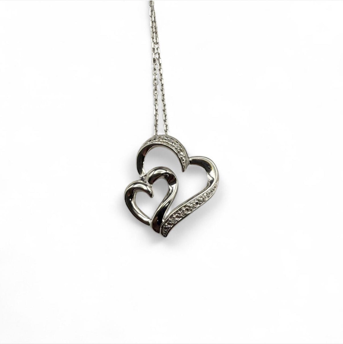 18” Sterling Silver Double Heart Diamond Necklace