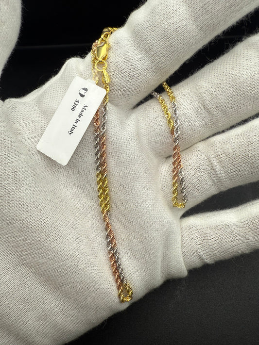 16” Tri-Gold Plated Sterling Silver Rope Chain