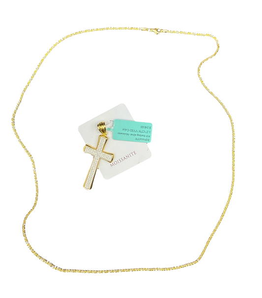 24” Two Tone Twisted Rock + Moissanite Cross Necklace and Pendant