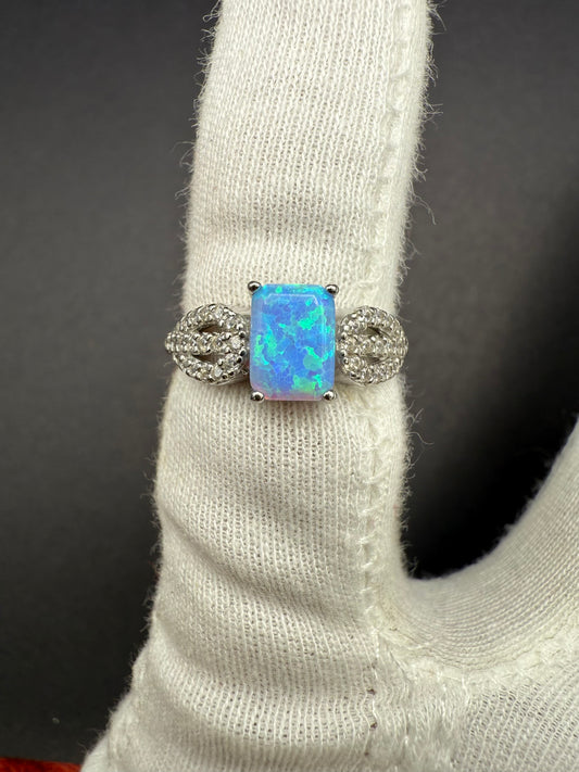 Size 6 Blue Opal + CZ Sterling Silver Ring