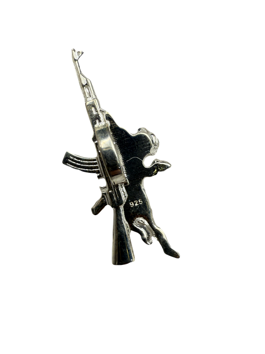 Sterling Silver Baby Angel Carrying AK-47 Pendant with Tri-Gold Chain